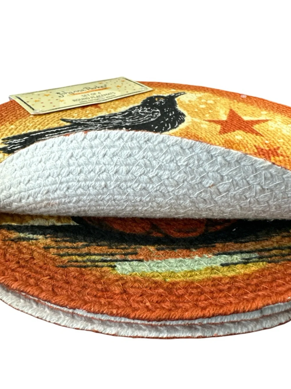 NEW Johanna Parker PUMPKIN & CROW HALLOWEEN Round Placemat Set/4
